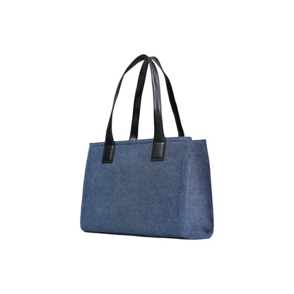 Large Handbag by Love Moschino for women in cotton & faux leather blue & print features a ornamental silhouette, showcasing a secure , ample , and ornamental handle for a sophisticated look.