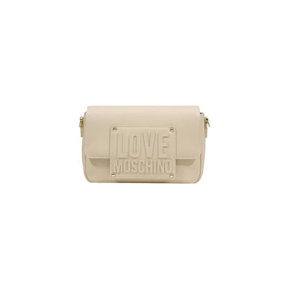 Small Crossbody Handbag by Love Moschino for women in polyethylene & polyurethane cream & gold features a signature silhouette, showcasing a secure and signature with versatile crossbody-strap, shoulder-strap & adjustable-strap for a sophisticated look.
