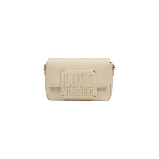 Small Crossbody Handbag by Love Moschino for women in polyethylene & polyurethane cream & gold features a signature silhouette, showcasing a secure and signature with versatile crossbody-strap, shoulder-strap & adjustable-strap for a sophisticated look.