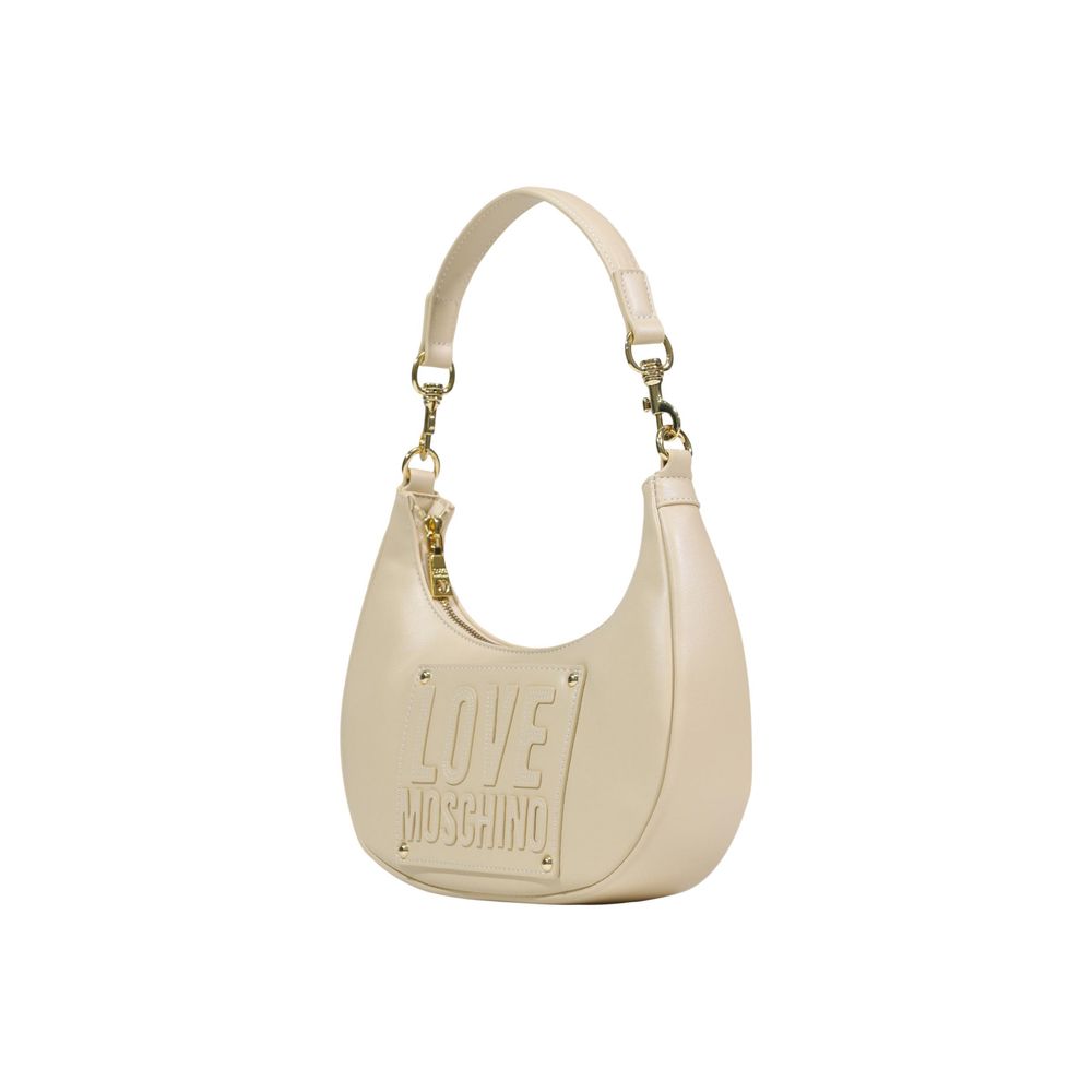 Small Shoulder Evening Handbag by Love Moschino for women in polyethylene & polyurethane cream & gold features an refined silhouette, showcasing a secure , ample , and versatile shoulder-strap & handle for a sophisticated refined aesthetic.