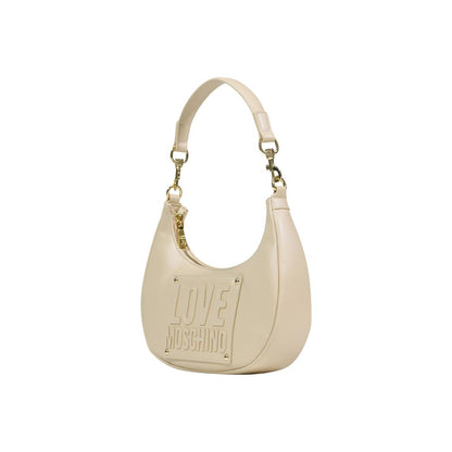 Small Shoulder Evening Handbag by Love Moschino for women in polyethylene & polyurethane cream & gold features an refined silhouette, showcasing a secure , ample , and versatile shoulder-strap & handle for a sophisticated refined aesthetic.