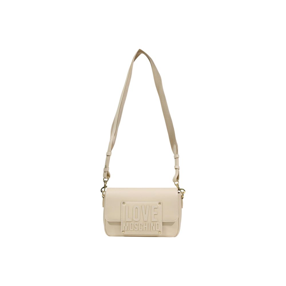 Small Crossbody Handbag by Love Moschino for women in polyethylene & polyurethane cream & gold features an refined silhouette, showcasing a secure , ample , and versatile crossbody-strap, shoulder-strap & adjustable-strap for a sophisticated refined aesthetic.