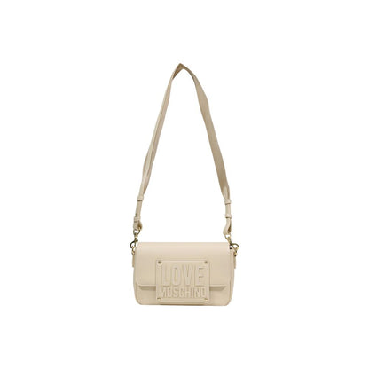 Small Crossbody Handbag by Love Moschino for women in polyethylene & polyurethane cream & gold features an refined silhouette, showcasing a secure , ample , and versatile crossbody-strap, shoulder-strap & adjustable-strap for a sophisticated refined aesthetic.