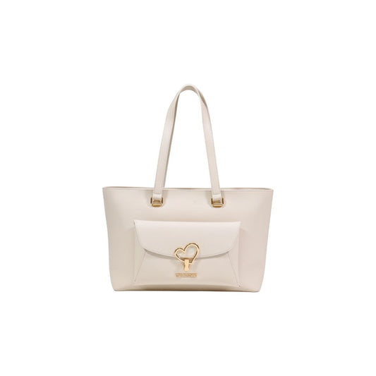Large Shopper Flap Handbag by Love Moschino for women in polyethylene & polyurethane beige, gold & signature features a ornamental silhouette, showcasing a secure flap & magnetic, ample , and ornamental handle for a sophisticated look.