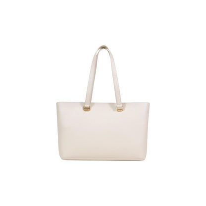Large Shopper Flap Handbag by Love Moschino for women in polyethylene & polyurethane beige, gold & signature presents a ornamental silhouette, showcasing a secure flap & magnetic, ample , and versatile handle for a ornamental finish.