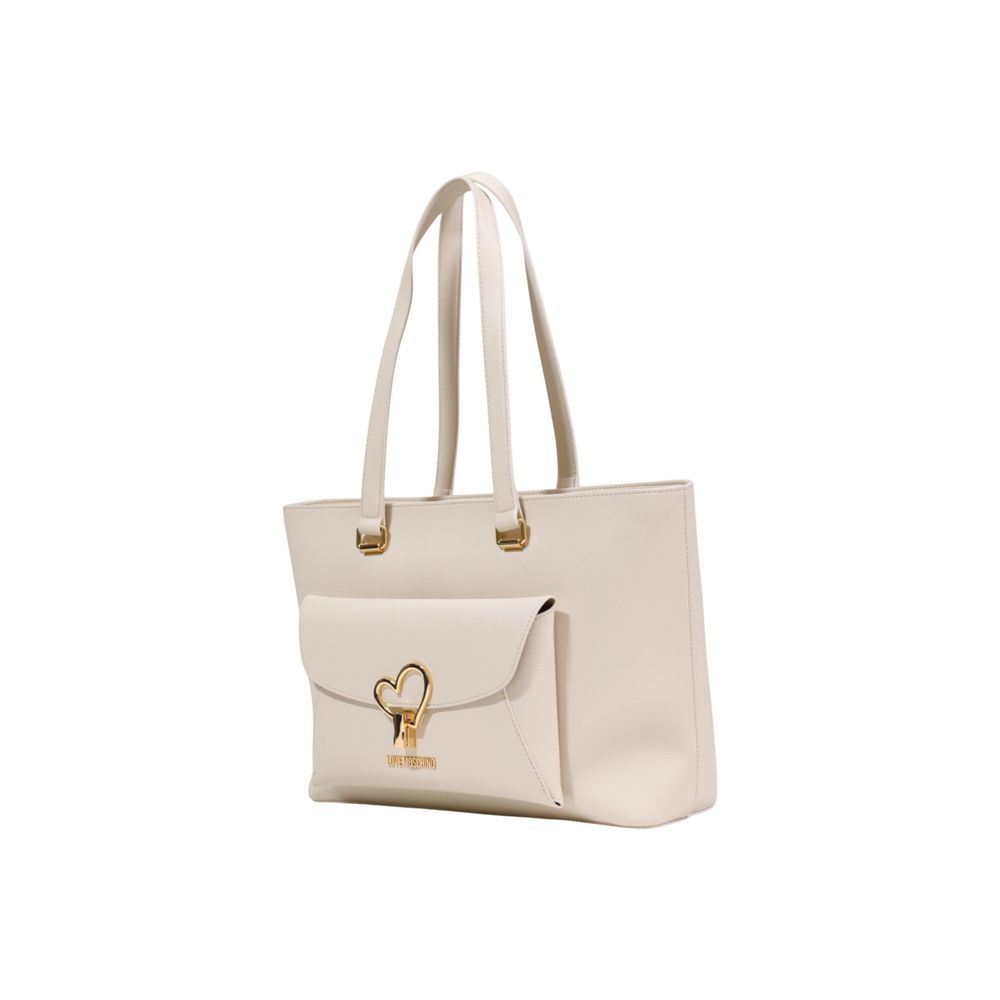 Large Shopper Flap Handbag by Love Moschino for women in polyethylene & polyurethane beige, gold & signature features a exquisite silhouette, showcasing a secure flap & magnetic and exquisite with versatile handle for a exquisite finish.