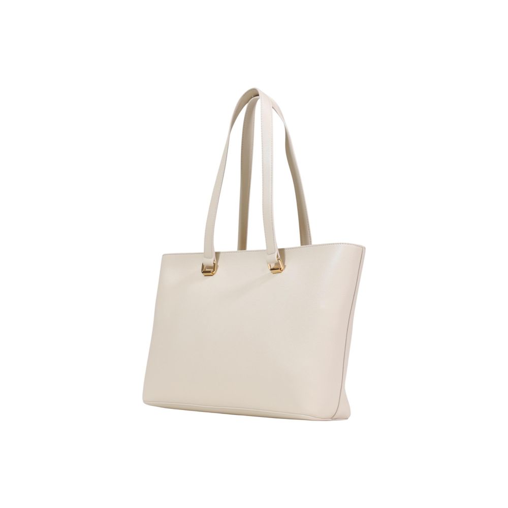 Large Shopper Flap Handbag by Love Moschino for women in polyethylene & polyurethane beige, gold & signature features a exquisite silhouette, showcasing a secure flap & magnetic and exquisite with versatile handle for a exquisite finish.