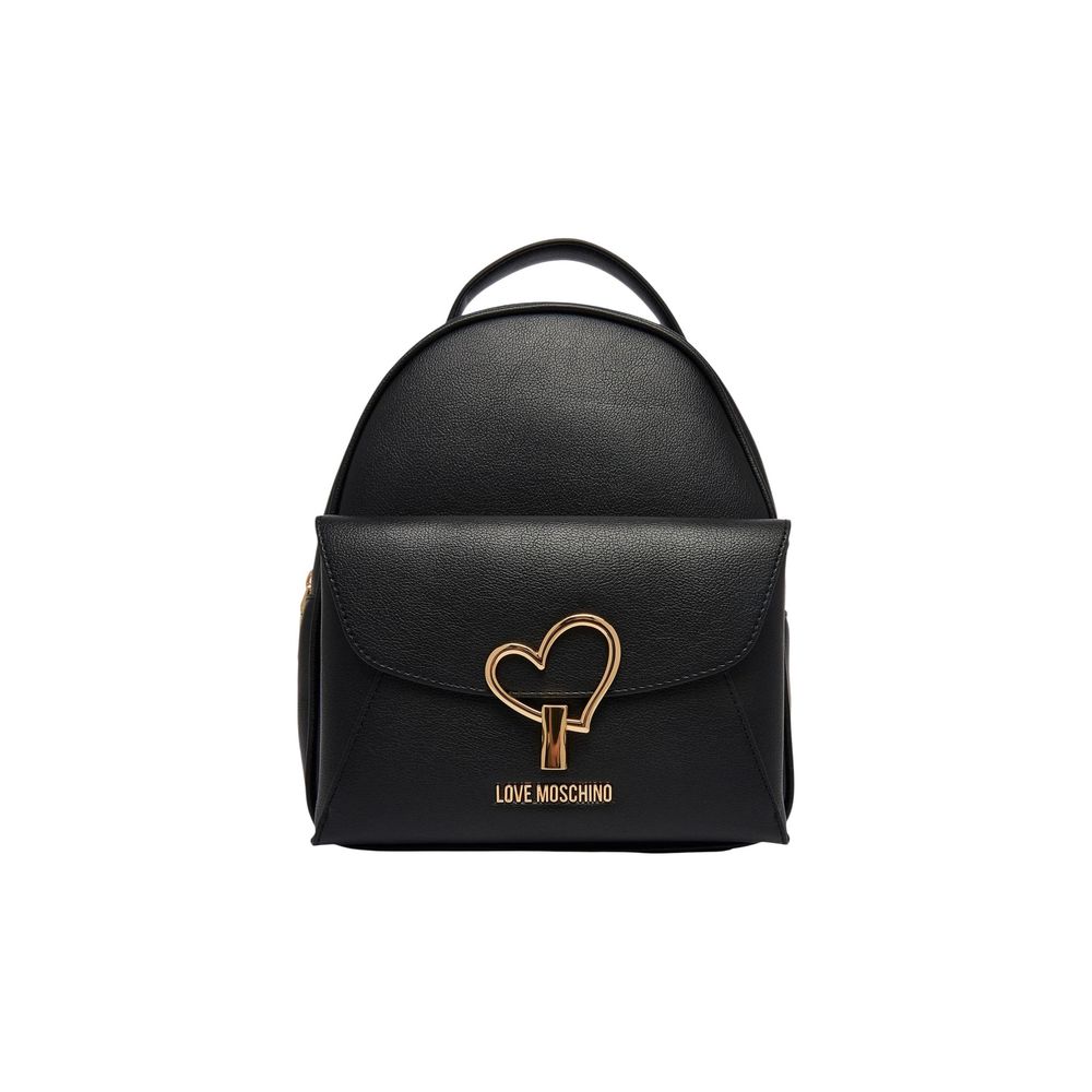 Love Moschino Heart Polyethylene & Polyurethane Compact Flap Backpack - Black Gold Signature
