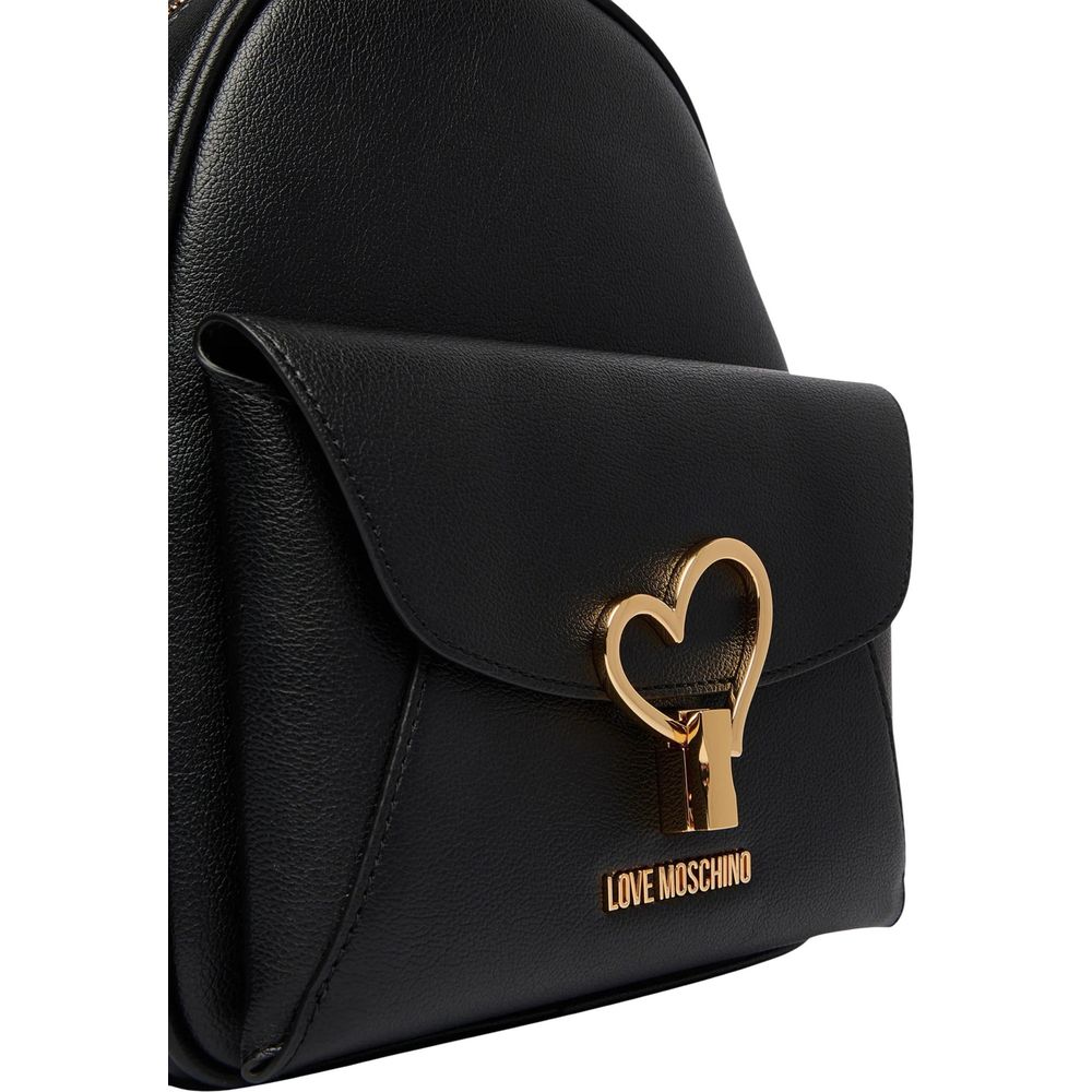 Love Moschino Heart Polyethylene & Polyurethane Compact Flap Backpack - Black Gold Signature