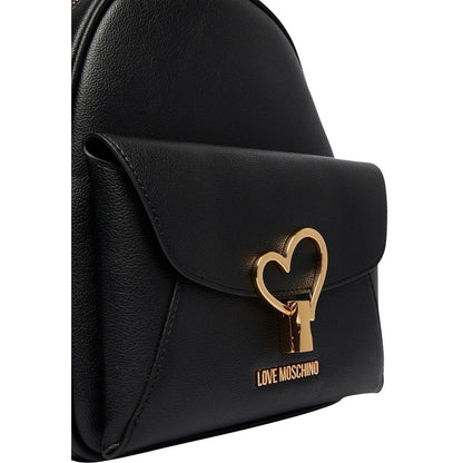 Love Moschino Heart Polyethylene & Polyurethane Compact Flap Backpack - Black Gold Signature