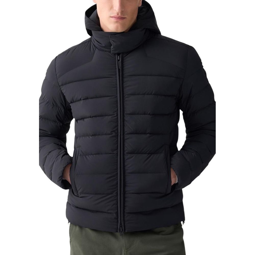 Hooded Overcoat by Colmar Originals for men in stretch polyamide black presents a luxurious silhouette, showcasing a luxurious hooded neckline and sophisticated pockets, hooded & insulated for a premium, luxurious look.