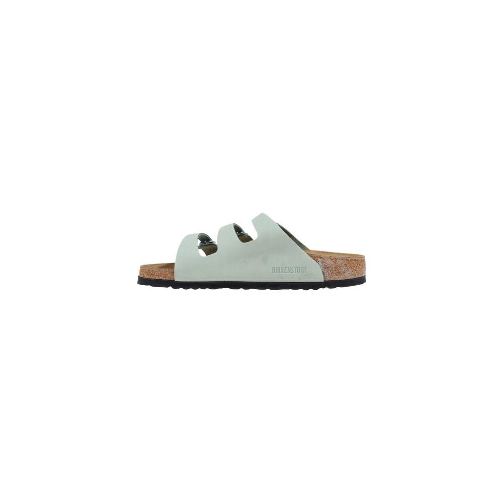 Flat Sandals by Birkenstock for women in leather & cork green presents a sculptural silhouette, showcasing the Women's Leather & Cork Flat Sandals design with a sculptural flat and for a premium look.