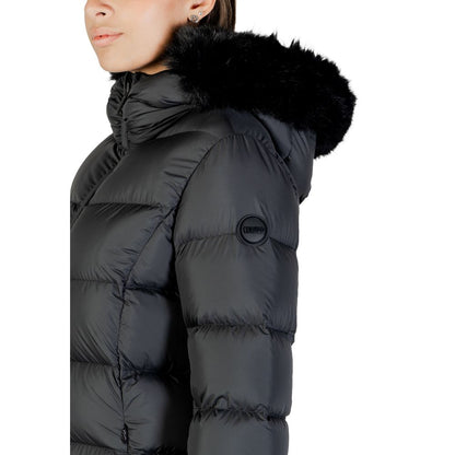 Hooded Overcoat by Colmar Originals for women in polyester faux fur black features a contemporary silhouette showcasing a contemporary and refined thermal, lightweight, pockets, hooded & insulated for a sophisticated finish.