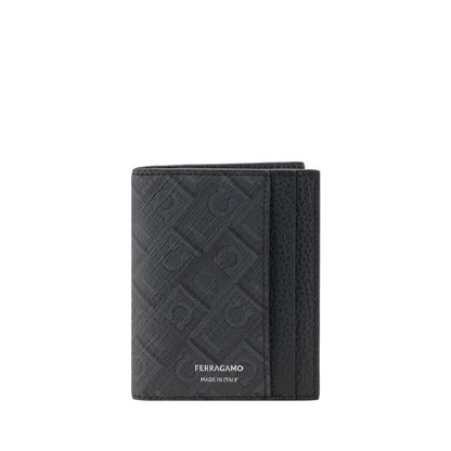 Cardholder Wallet by Ferragamo for men in bos taurus calf grained leather black & monogram features a sleek silhouette, showcasing the sleek Bos Taurus Calf Grained Leather Cardholder Wallet design with sophisticated card-organization bifold for a premium look.