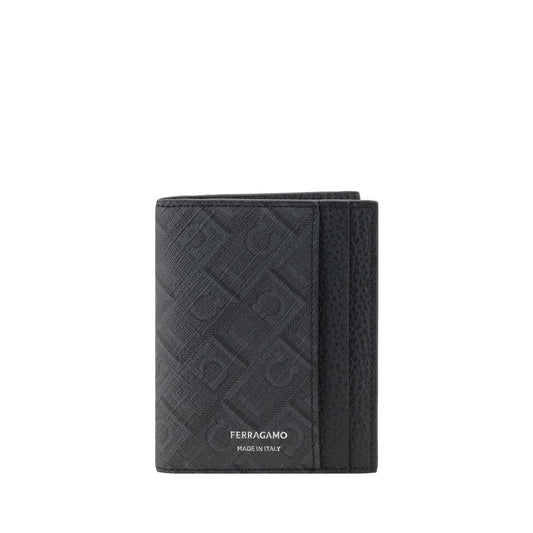 Cardholder Wallet by Ferragamo for men in bos taurus calf grained leather black & monogram features a sleek silhouette, showcasing the sleek Bos Taurus Calf Grained Leather Cardholder Wallet design with sophisticated card-organization bifold for a premium look.