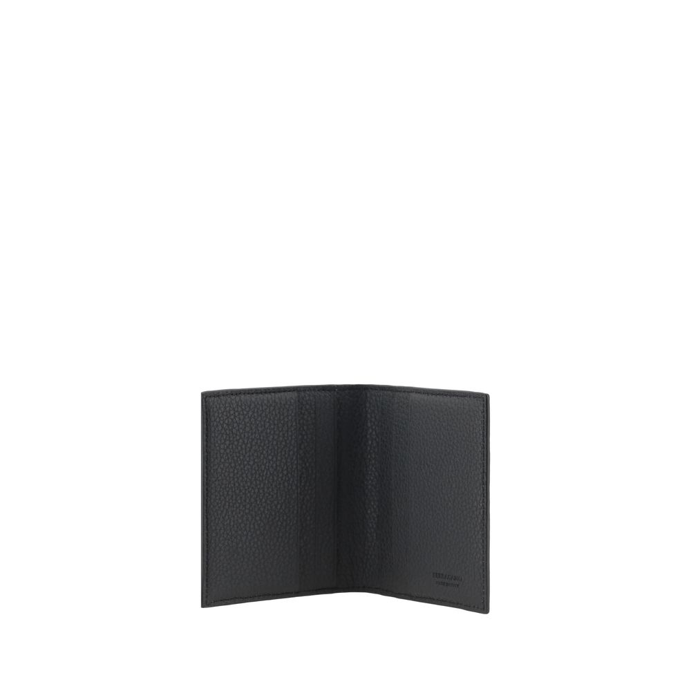 Cardholder Wallet by Ferragamo for men in bos taurus calf grained leather black & monogram presents a streamlined silhouette, showcasing the sophisticated design of the Bos Taurus Calf Grained Leather Cardholder Wallet collection with functional card-organization bifold.