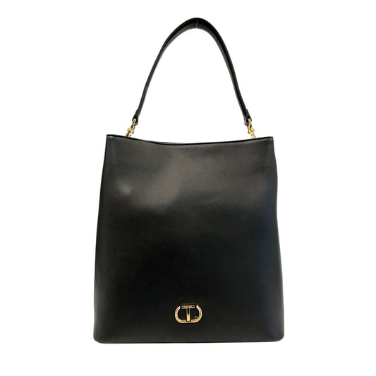 Shoulder Clutch Handbag by Twinset for women in polyurethane black & gold features a sculptural silhouette with a secure magnetic & button, organized built-in-compartments, and versatile shoulder-strap & adjustable-strap for a sculptural finish.