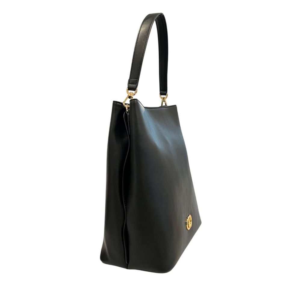 Shoulder Clutch Handbag by Twinset for women in polyurethane black & gold features a architectural silhouette, showcasing a secure magnetic & button, ample built-in-compartments, and versatile shoulder-strap & adjustable-strap for a architectural finish.