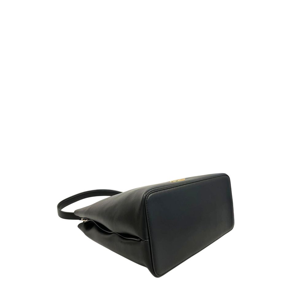 Shoulder Clutch Handbag by Twinset for women in polyurethane black & gold features a sculptural silhouette with a secure magnetic & button, ample built-in-compartments, and versatile shoulder-strap & adjustable-strap for a sculptural finish.
