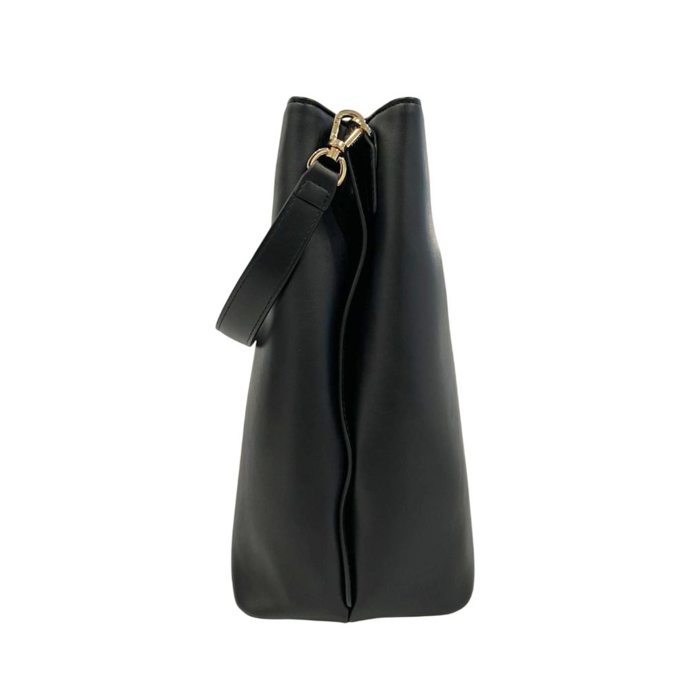 Shoulder Clutch Handbag by Twinset for women in polyurethane black & gold showcases a sculptural silhouette, featuring a secure magnetic & button, ample built-in-compartments, and versatile shoulder-strap & adjustable-strap for a sculptural finish.