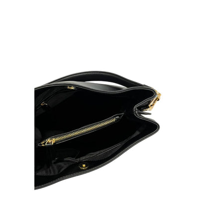 Shoulder Clutch Handbag by Twinset for women in polyurethane black & gold features an sculptural silhouette, showcasing a secure magnetic & button and sculptural built-in-compartments with versatile shoulder-strap & adjustable-strap for a sophisticated look.
