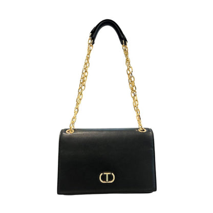 Crossbody Flap Handbag by Twinset for women in polyurethane black & gold features a transformative elegance silhouette, showcasing a secure flap, magnetic & button, organized , and versatile crossbody-strap for a transformative elegance look.