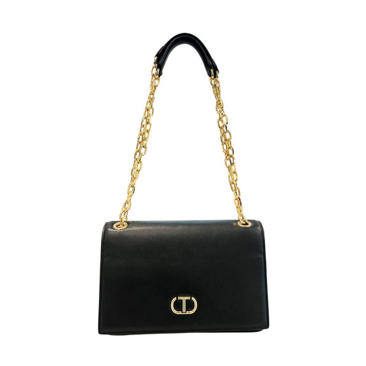 Crossbody Flap Handbag by Twinset for women in polyurethane black & gold features a transformative elegance silhouette, showcasing a secure flap, magnetic & button, organized , and versatile crossbody-strap for a transformative elegance look.
