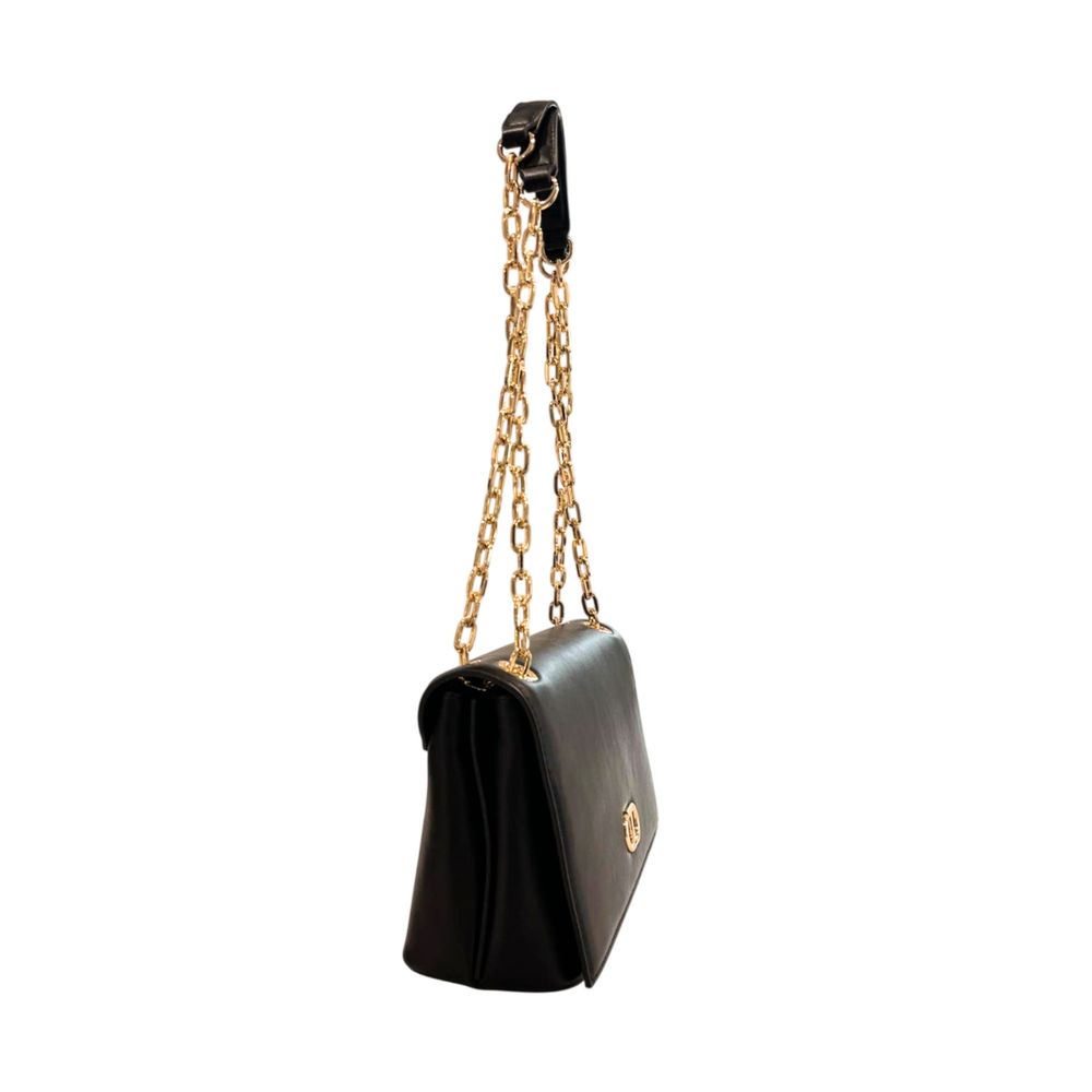 Crossbody Flap Handbag by Twinset for women in polyurethane black & gold features a multifaceted silhouette, showcasing a secure flap, magnetic & button and multifaceted with versatile crossbody-strap for multifaceted style.