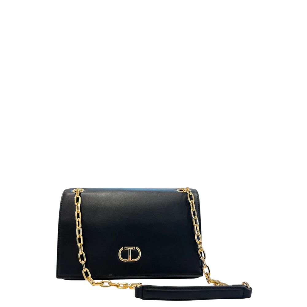 Crossbody Flap Handbag by Twinset for women in polyurethane black & gold features a multifaceted silhouette, showcasing a secure flap, magnetic & button and multifaceted with versatile crossbody-strap for multifaceted style.
