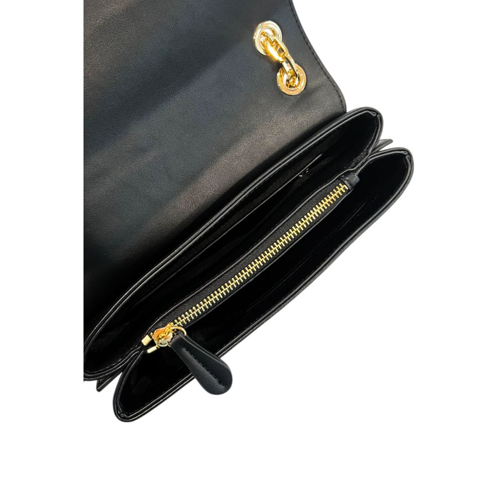 Crossbody Flap Handbag by Twinset for women in polyurethane black & gold showcases a versatile sophistication silhouette, featuring a secure flap, magnetic & button, versatile sophistication , and versatile crossbody-strap for a versatile sophistication finish.
