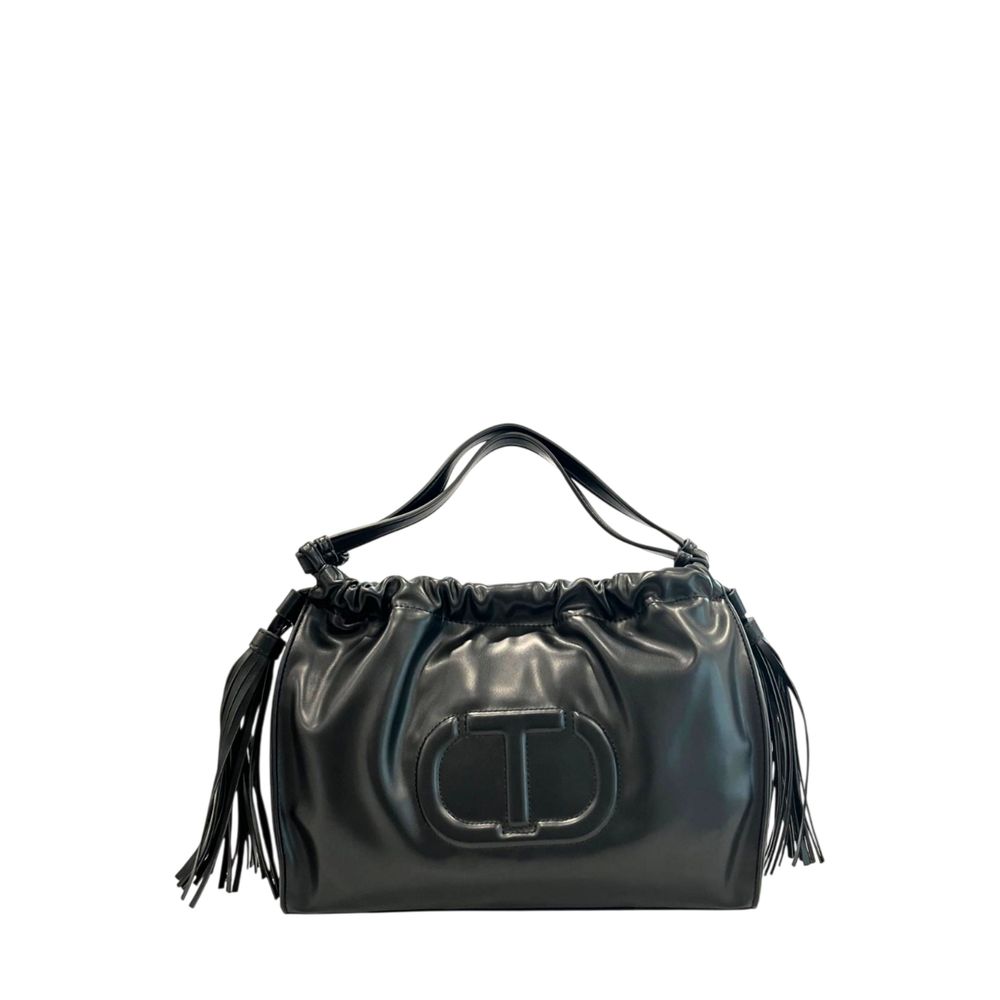 Shoulder Clutch Handbag by Twinset for women in polyurethane black & signature features an sculptural silhouette, showcasing a secure magnetic & button and sculptural with versatile shoulder-strap for a sophisticated look.