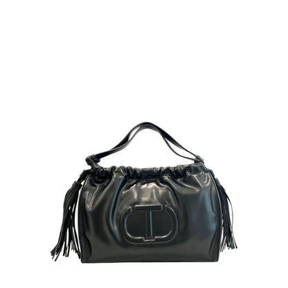 Shoulder Clutch Handbag by Twinset for women in polyurethane black & signature features an sculptural silhouette, showcasing a secure magnetic & button and sculptural with versatile shoulder-strap for a sophisticated look.