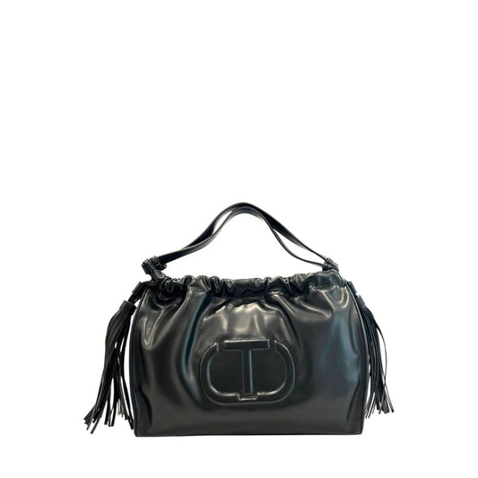 Shoulder Clutch Handbag by Twinset for women in polyurethane black & signature features an sculptural silhouette, showcasing a secure magnetic & button and sculptural with versatile shoulder-strap for a sophisticated look.