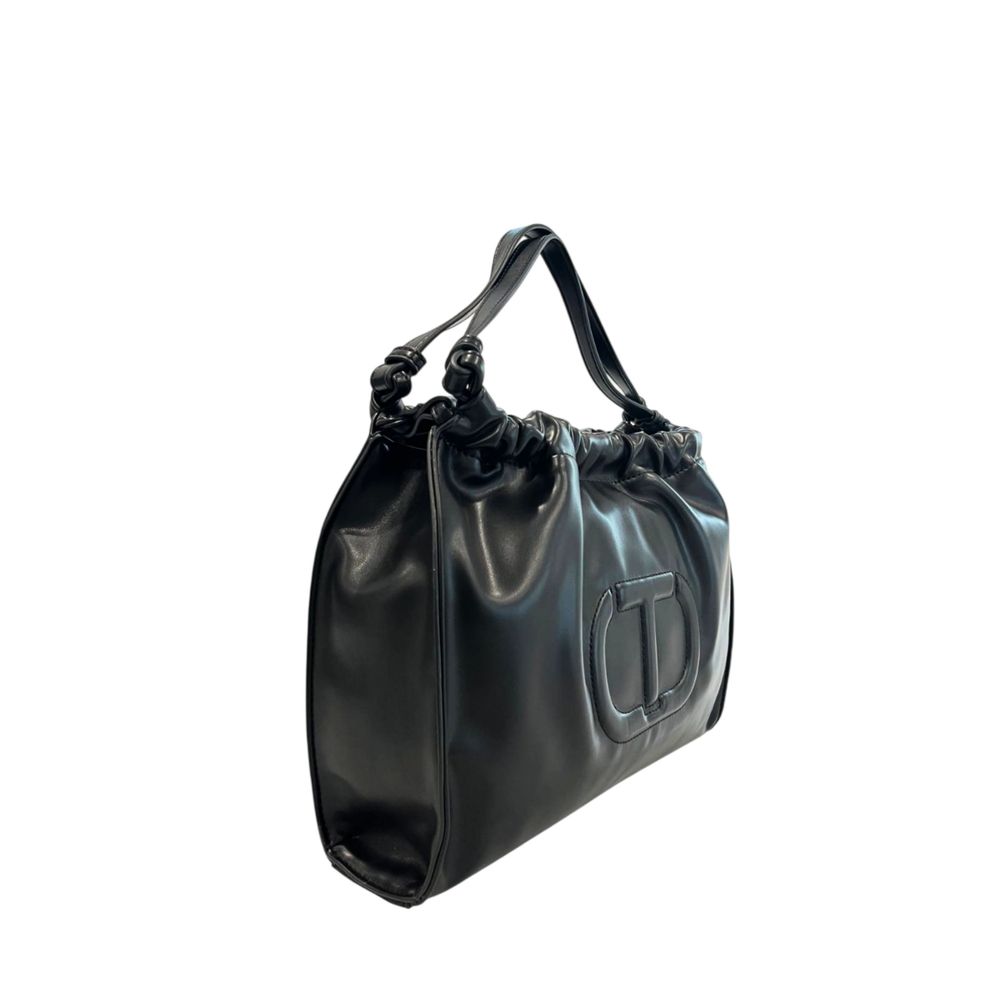 Shoulder Clutch Handbag by Twinset for women in polyurethane black & signature features a architectural silhouette, showcasing a secure magnetic & button, ample , and versatile shoulder-strap for a architectural finish.
