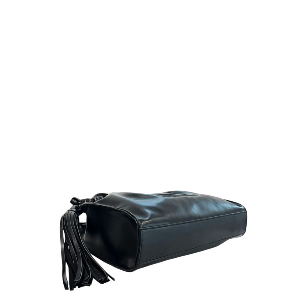 Shoulder Clutch Handbag by Twinset for women in polyurethane black & signature features a statuesque silhouette, showcasing a secure magnetic & button and organized with versatile shoulder-strap for statuesque evening wear.