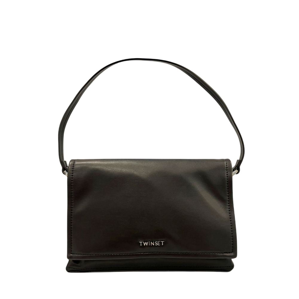 Shoulder Flap Clutch Handbag by Twinset for women in polyethylene black & silver features a sculptural silhouette with a secure flap, magnetic & button, organized built-in-compartments, and versatile shoulder-strap & adjustable-strap for a sculptural finish.
