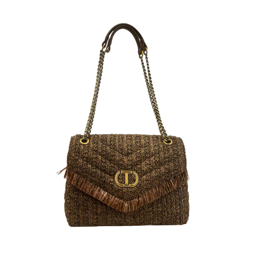 2-in-1 Shoulder & Crossbody Flap Handbag by Twinset for women in polyethylene & polyurethane brown & gold features an multi-faceted design with a secure flap, magnetic & button, ample , and versatile crossbody-strap & shoulder-strap for a multi-faceted finish.