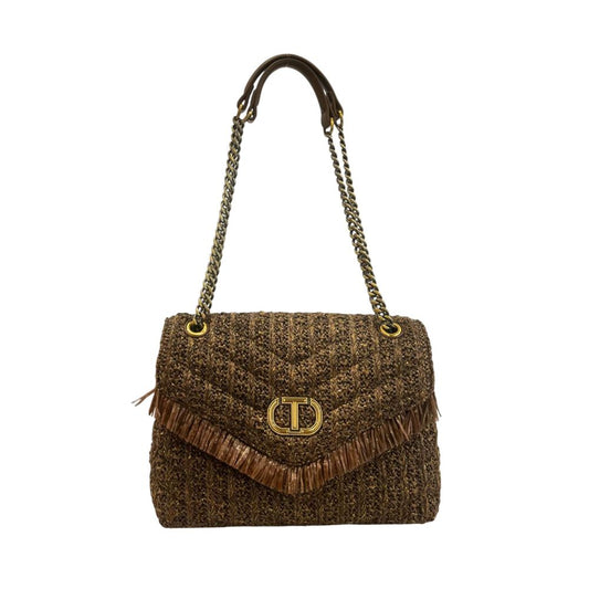 2-in-1 Shoulder & Crossbody Flap Handbag by Twinset for women in polyethylene & polyurethane brown & gold features an multi-faceted design with a secure flap, magnetic & button, ample , and versatile crossbody-strap & shoulder-strap for a multi-faceted finish.
