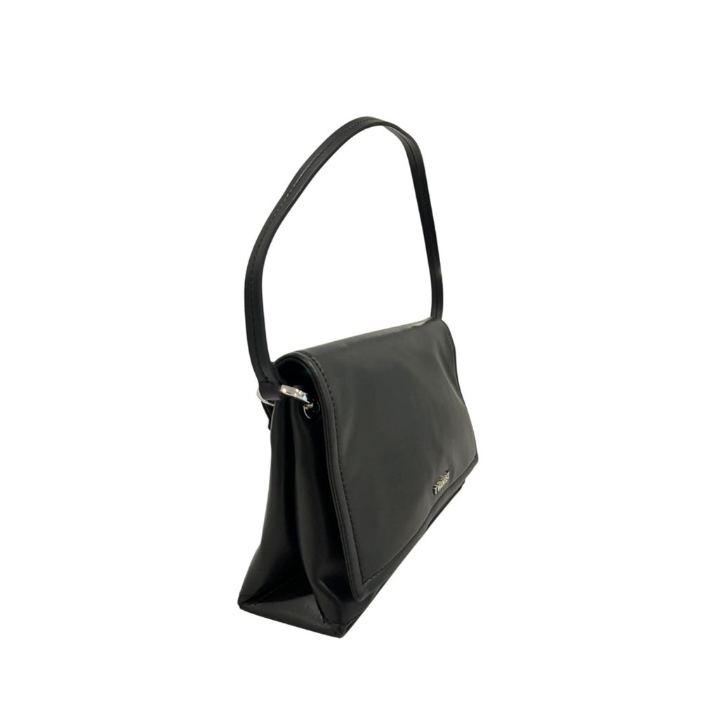 Shoulder Flap Clutch Handbag by Twinset for women in polyethylene black & silver features a sculptural silhouette with a secure flap, magnetic & button, ample built-in-compartments, and versatile shoulder-strap & adjustable-strap for a sculptural finish.