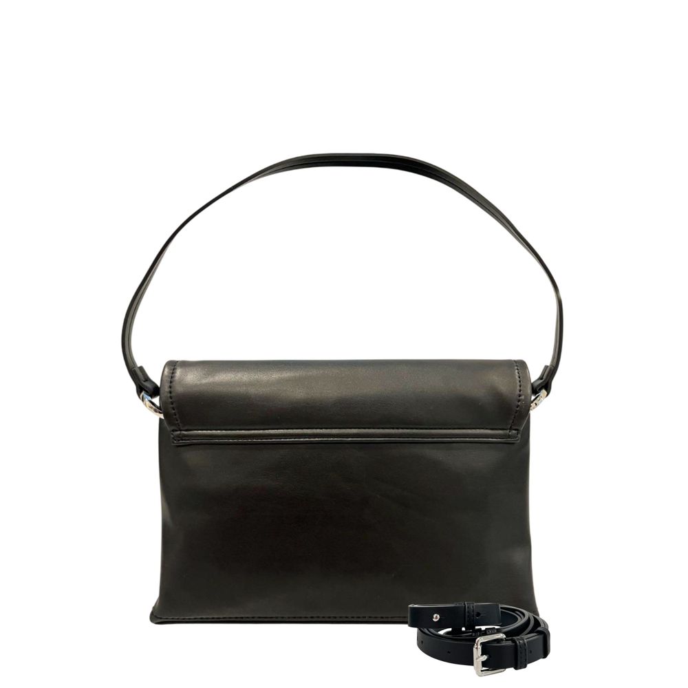 Shoulder Flap Clutch Handbag by Twinset for women in polyethylene black & silver showcases a sculptural silhouette, featuring a secure flap, magnetic & button, ample built-in-compartments, and versatile shoulder-strap & adjustable-strap for a sculptural aesthetic.