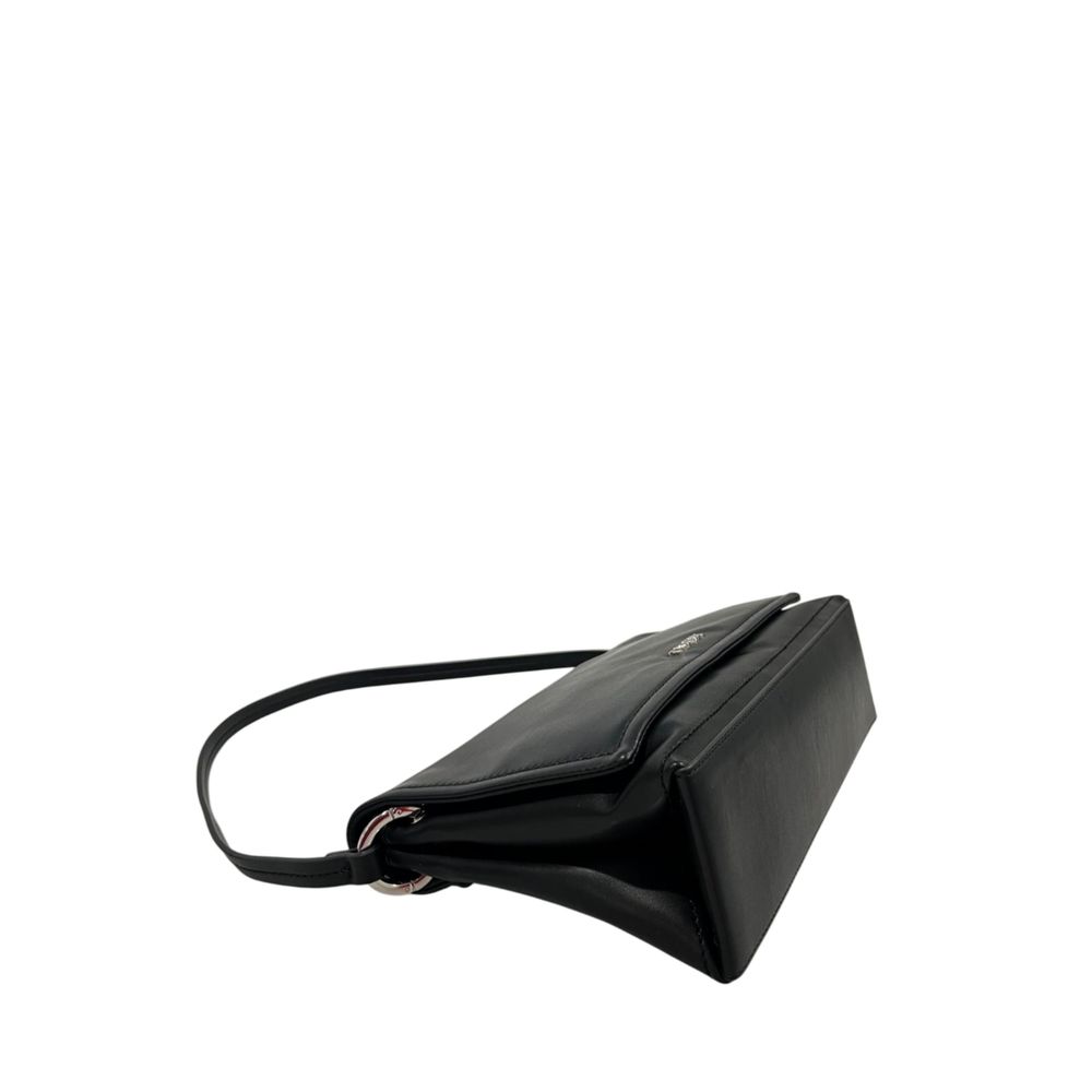 Shoulder Flap Clutch Handbag by Twinset for women in polyethylene black & silver features a architectural silhouette, showcasing a secure flap, magnetic & button, ample built-in-compartments, and versatile shoulder-strap & adjustable-strap for a architectural finish.