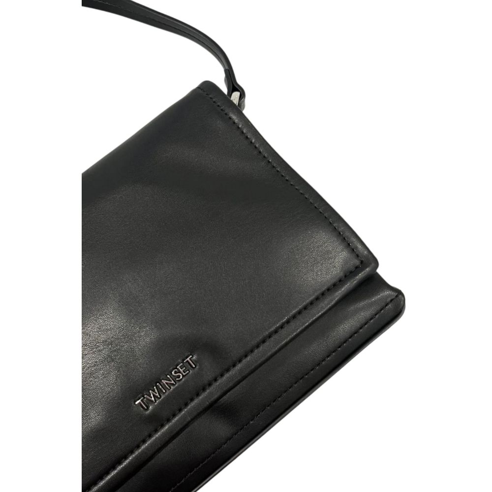 Shoulder Flap Clutch Handbag by Twinset for women in polyethylene black & silver features a architectural silhouette, showcasing a secure flap, magnetic & button, ample built-in-compartments, and versatile shoulder-strap & adjustable-strap for a architectural finish.