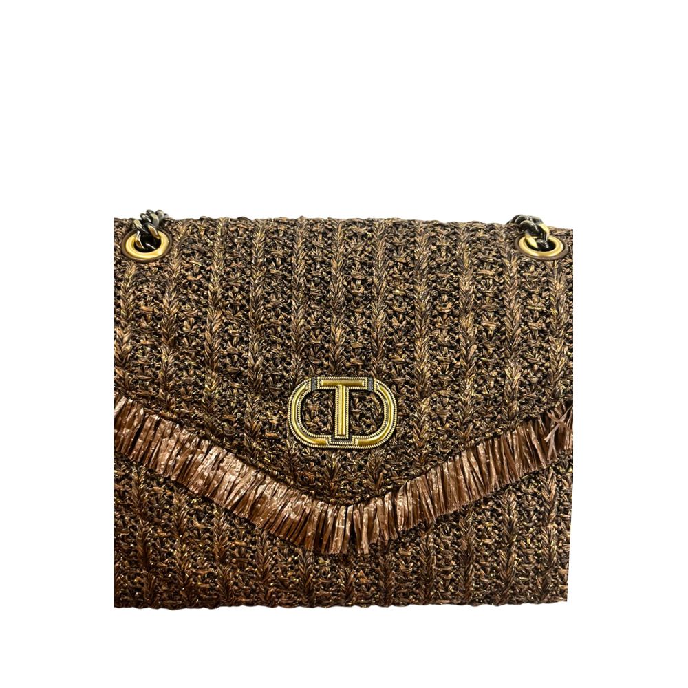 2-in-1 Shoulder & Crossbody Flap Handbag by Twinset for women in polyethylene & polyurethane brown & gold features an multi-faceted design with a secure flap, magnetic & button, ample , and versatile crossbody-strap & shoulder-strap for a multi-faceted finish.