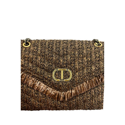 2-in-1 Shoulder & Crossbody Flap Handbag by Twinset for women in polyethylene & polyurethane brown & gold features an multi-faceted design with a secure flap, magnetic & button, ample , and versatile crossbody-strap & shoulder-strap for a multi-faceted finish.
