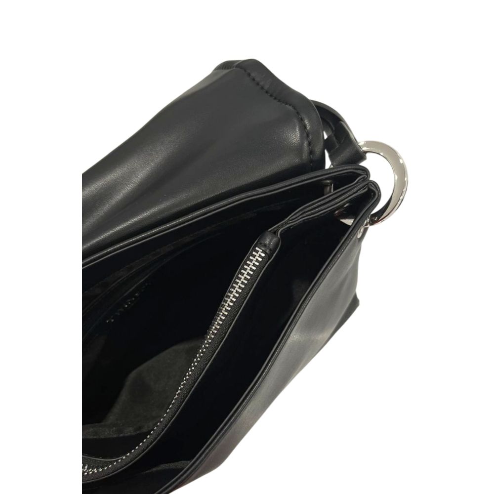 Shoulder Flap Clutch Handbag by Twinset for women in polyethylene black & silver features a statuesque silhouette, showcasing a secure flap, magnetic & button and organized built-in-compartments with versatile shoulder-strap & adjustable-strap for statuesque evening wear.