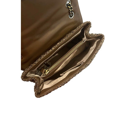 2-in-1 Shoulder & Crossbody Flap Handbag by Twinset for women in polyethylene & polyurethane brown & gold features an versatile silhouette, showcasing a secure flap, magnetic & button and versatile with versatile crossbody-strap & shoulder-strap for a versatile finish.