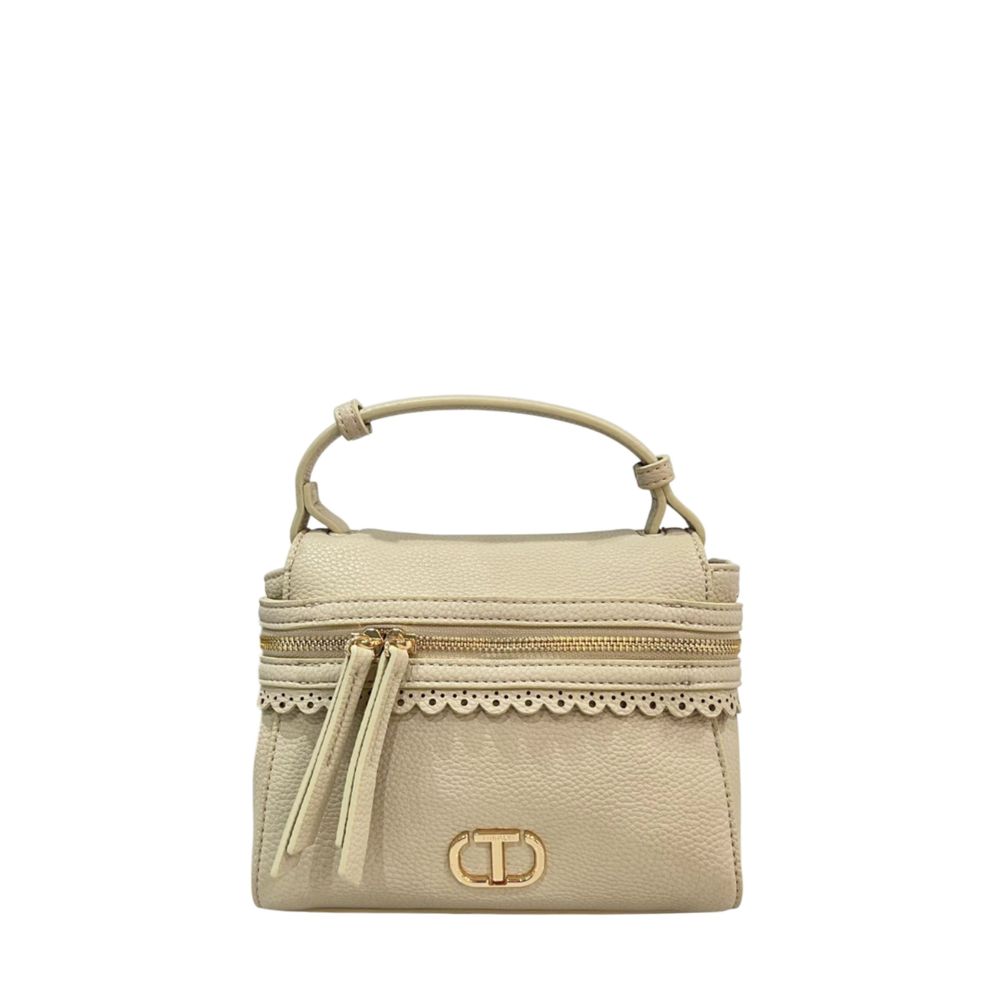 Mini Shoulder Bag by Twinset for women in polyethylene beige & gold showcases a statuesque silhouette, artfully detailed with a secure zipper, organized , and versatile shoulder-strap & adjustable-strap for a statuesque look.