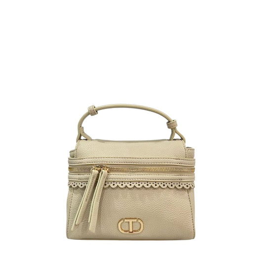 Mini Shoulder Bag by Twinset for women in polyethylene beige & gold showcases a statuesque silhouette, artfully detailed with a secure zipper, organized , and versatile shoulder-strap & adjustable-strap for a statuesque look.