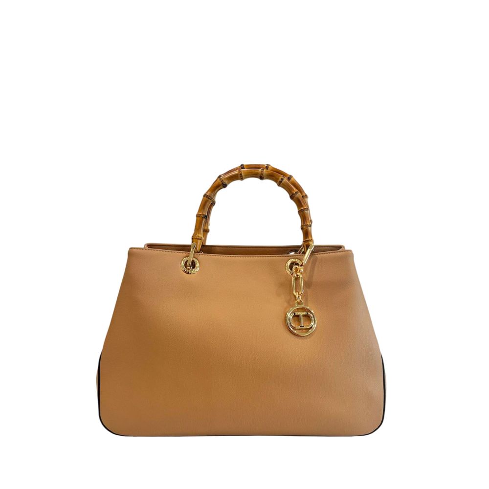 Flap Shoulder Bag by Twinset for women in polyurethane brown & gold features an effortlessly chic silhouette with a secure flap, magnetic & button, ample built-in-compartments, and versatile shoulder-strap & adjustable-strap for effortlessly chic everyday luxury.