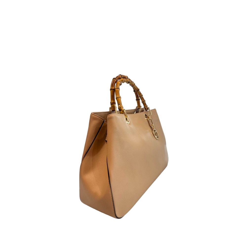 Flap Shoulder Bag by Twinset for women in polyurethane brown & gold showcases a statuesque silhouette, artfully detailed with a secure flap, magnetic & button, organized built-in-compartments, and versatile shoulder-strap & adjustable-strap for a statuesque look.